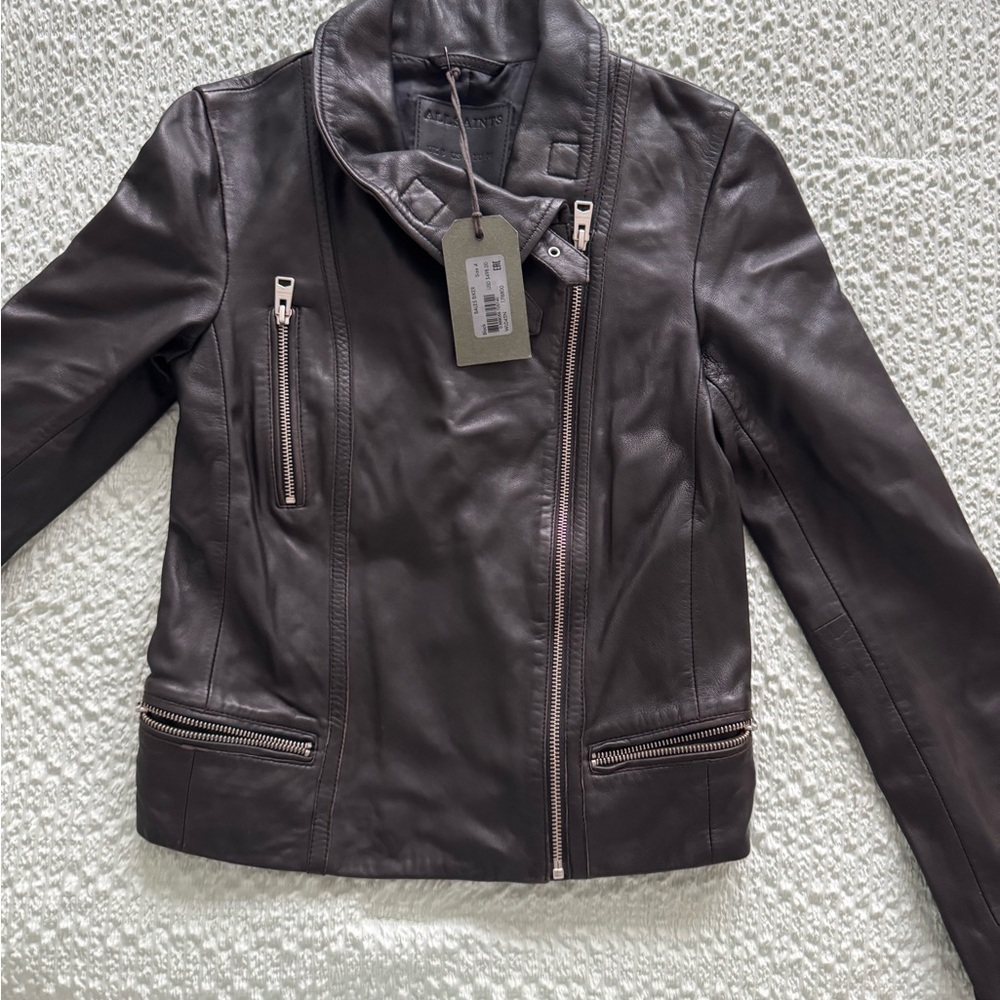 All Saints Brown Leather Motorcycle Jacket Asymmetrical Design - Picture 2 of 4
